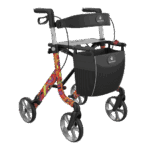 Space LX Art Line Rollator in Flower Power, facing forward and slightly right of the camera on a white background.