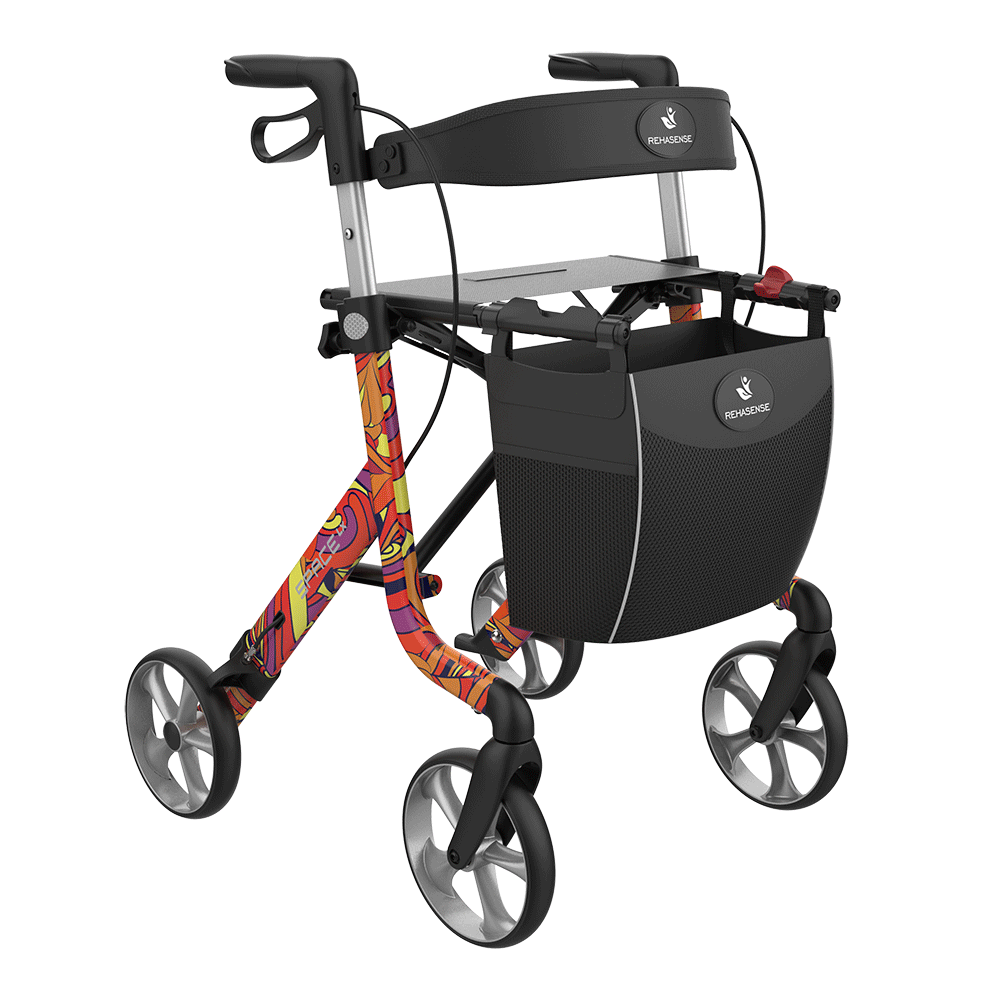 Space LX Art Line Rollator in Flower Power, facing forward and slightly right of the camera on a white background.