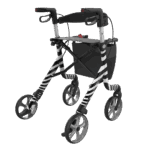 A Space LX Art Line Rollator at the back facing right top of the image, with a zebra pattern on a white background.