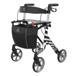 A Space LX Art Line Rollator in a Zebra Pattern, facing the left bottom corning, on a white background.