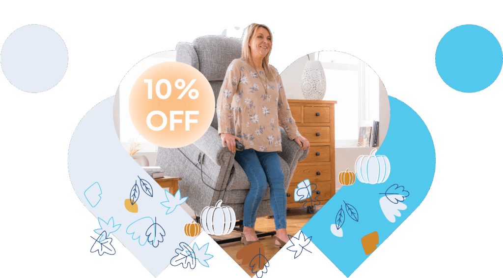 Woman in Riser Recliner with autumn leaves below and 10% off sticker on top.