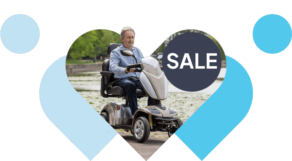 A man on a mobility scooter - with a large sale sticker.