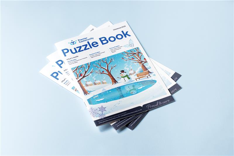Festive puzzle books by Premier Community designed to help improve Home care Well-Being for our service users