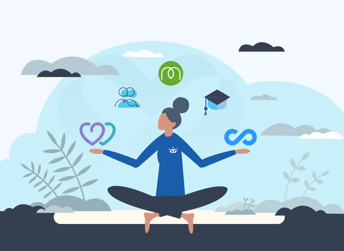 Vector image of a woman sitting in a yoga position balancing various icons representing different tool available for employee well-being
